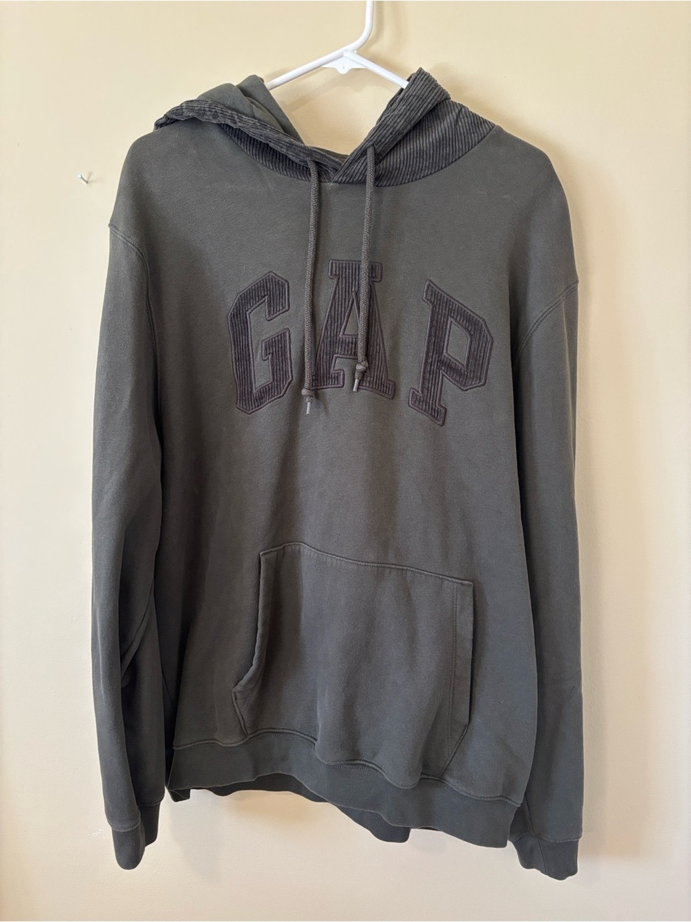 GAP Olive Green Pullover Hoodie with Corduroy Trim and hood
